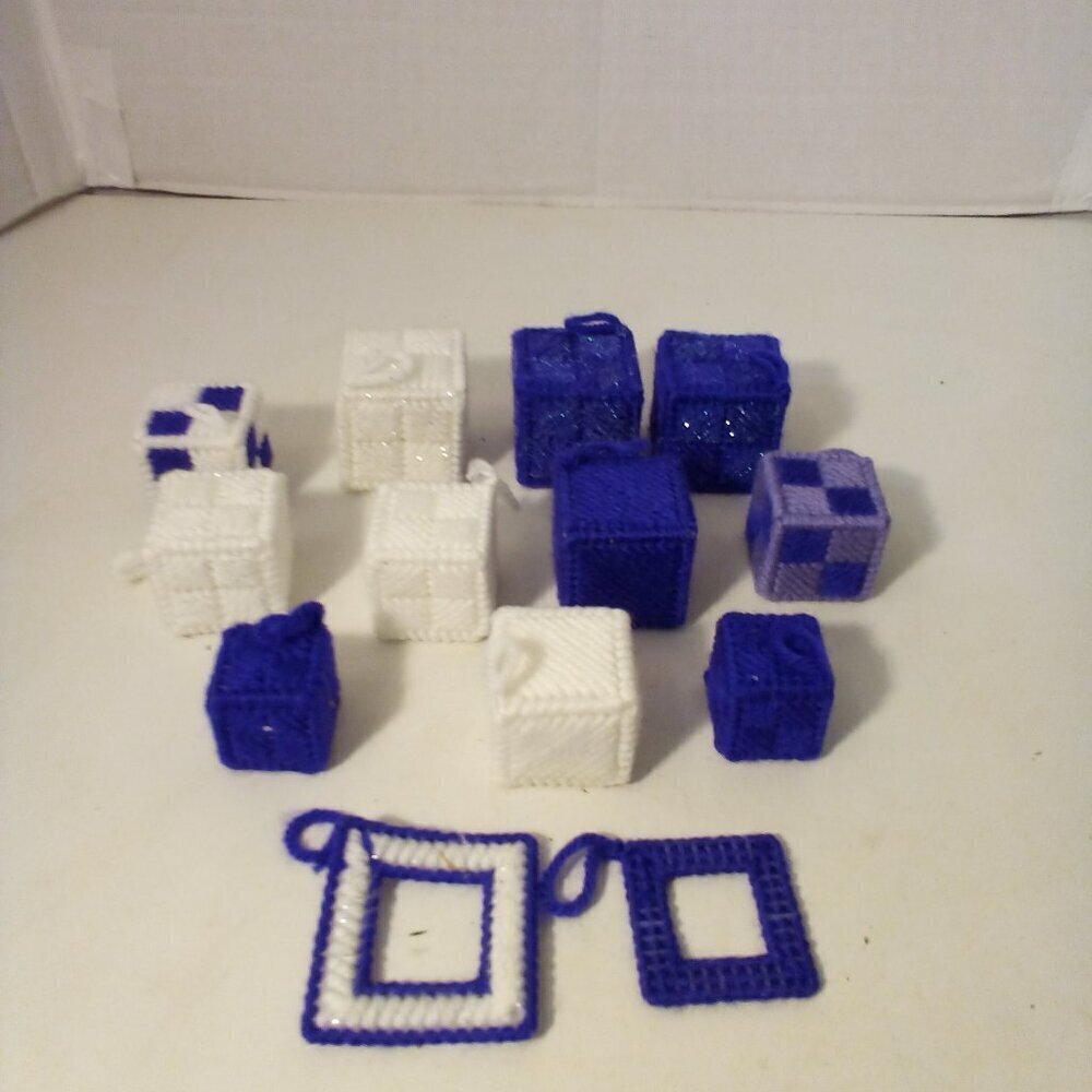 13 Handmade Plastic Canvas Yarn Ornaments Blocks PURPLE White Christmas Holiday